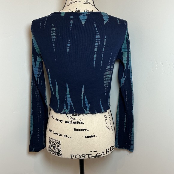 Vivid Artsy Navy Blue Teal Tie Dye Ribbed Long Sleeve Crop Top Large - Picture 3 of 4